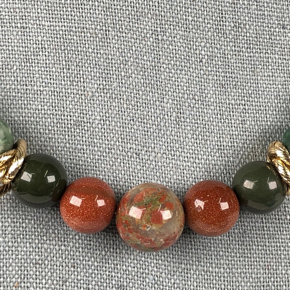 Natural Stone Beads Jewelry Set Unakite Green Jasper Goldstone Gold Tone Spacers - Picture 5 of 11
